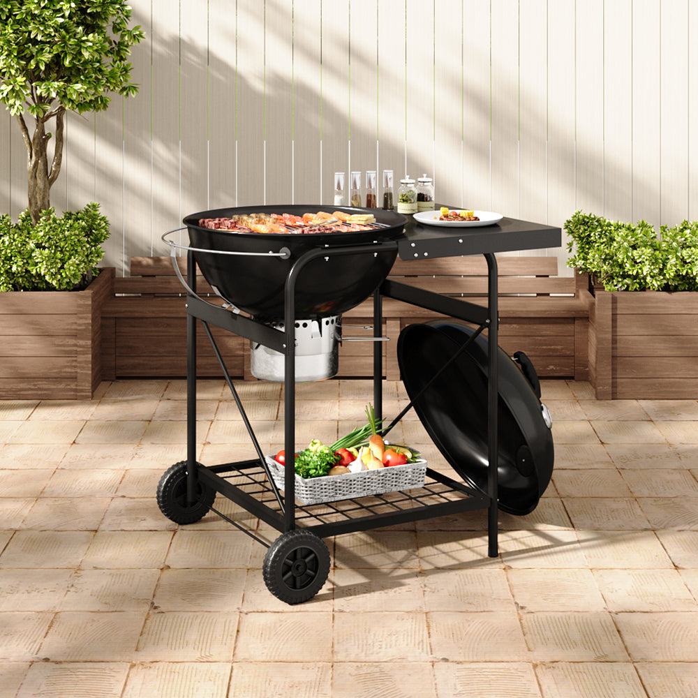 Black Outdoor Charcoal BBQ Grill with Smoke Stack and Thermometer – Portable Carbon Steel Smoker with Wheels